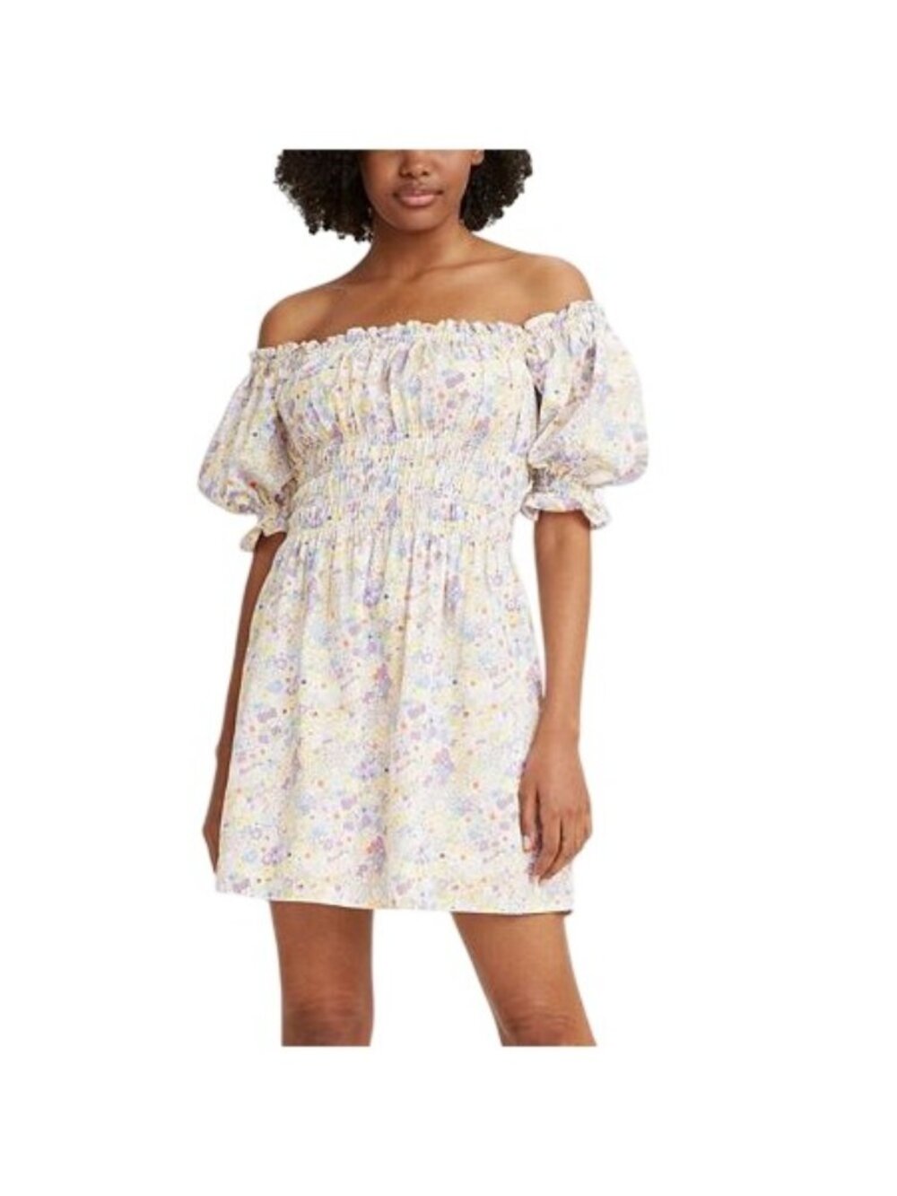 Levis Mini Dress XS Floral Smocked Puff Sleeve Square Neck Bohemian Cottagecore